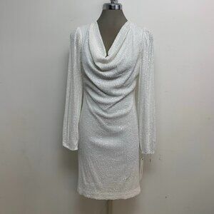 New! CALVIN KLEIN Sheath Dress White Allover Sequin Front Cowl Neckline